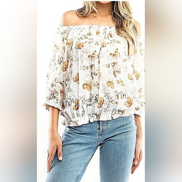 Solitaire Tops - Solitaire Floral Embroidered Boho Peasant Blouse With Balloon Sleeves Medium